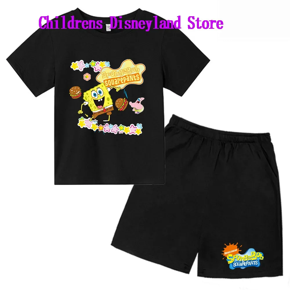 Spongebob Squarepants Spring And Autumn Children's Wear Boys And Girls T-shirt Set 2-piece Anime t shirt Sportswear Shorts boys