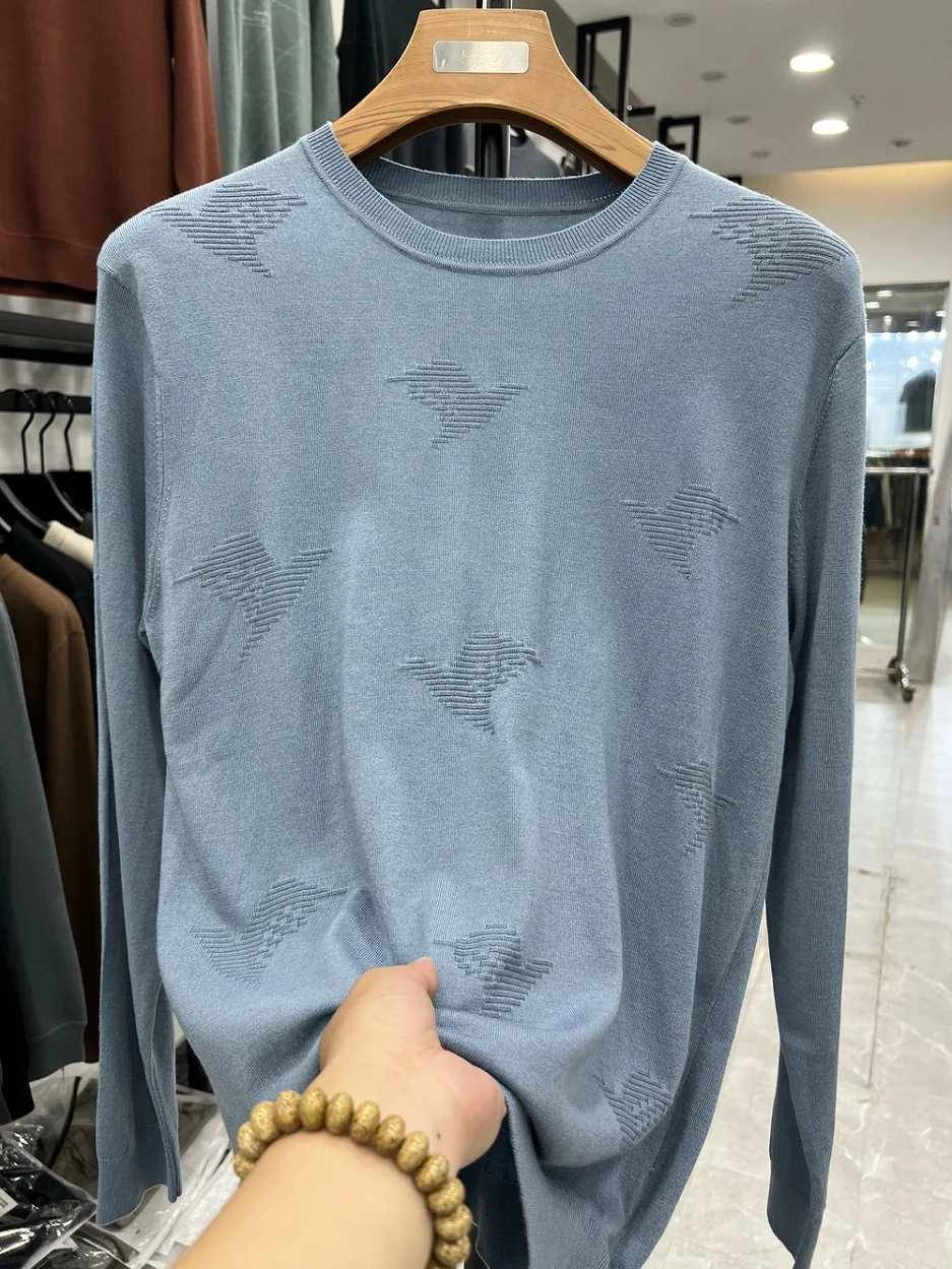 

Мягкий вязаный пуловер с длинным рукавом и круглым вырезом для мужчин: дышащий, комфортный, приятный к телу, повседневный, модный базовый топ