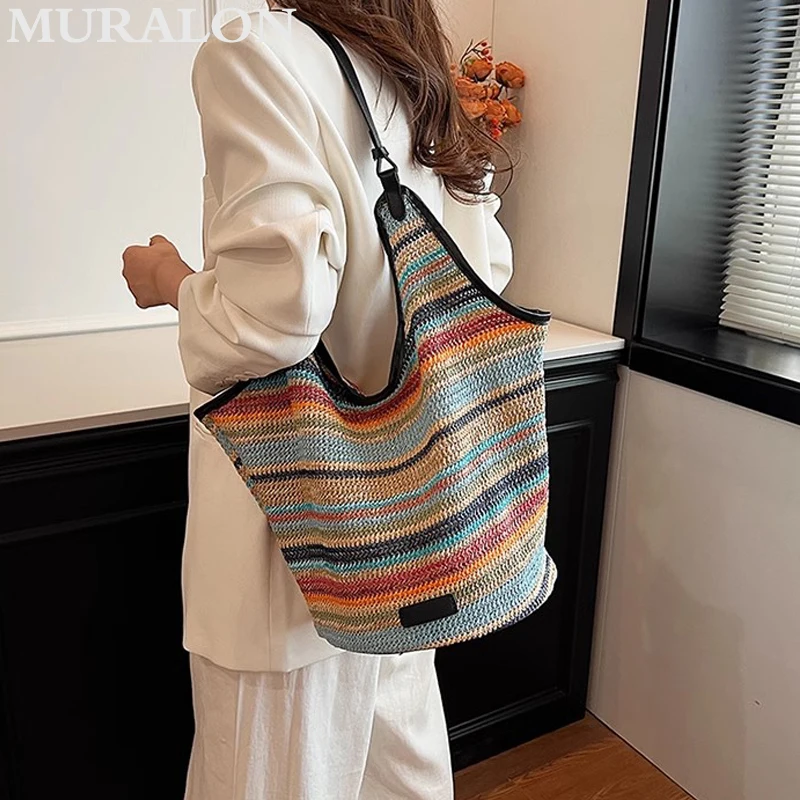 

Summer Large Capacity Mixed Colour Straw Bag Female 2024 New Beach Holiday Shoulder Bag Fashion Commuter Shopping Tote Bag Women