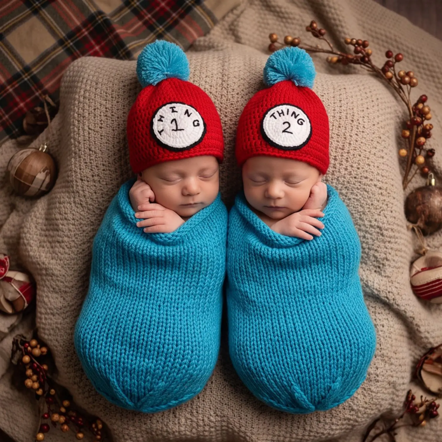 New children's photography set for twins: knitted wool swaddle sleeping bag and clock hat