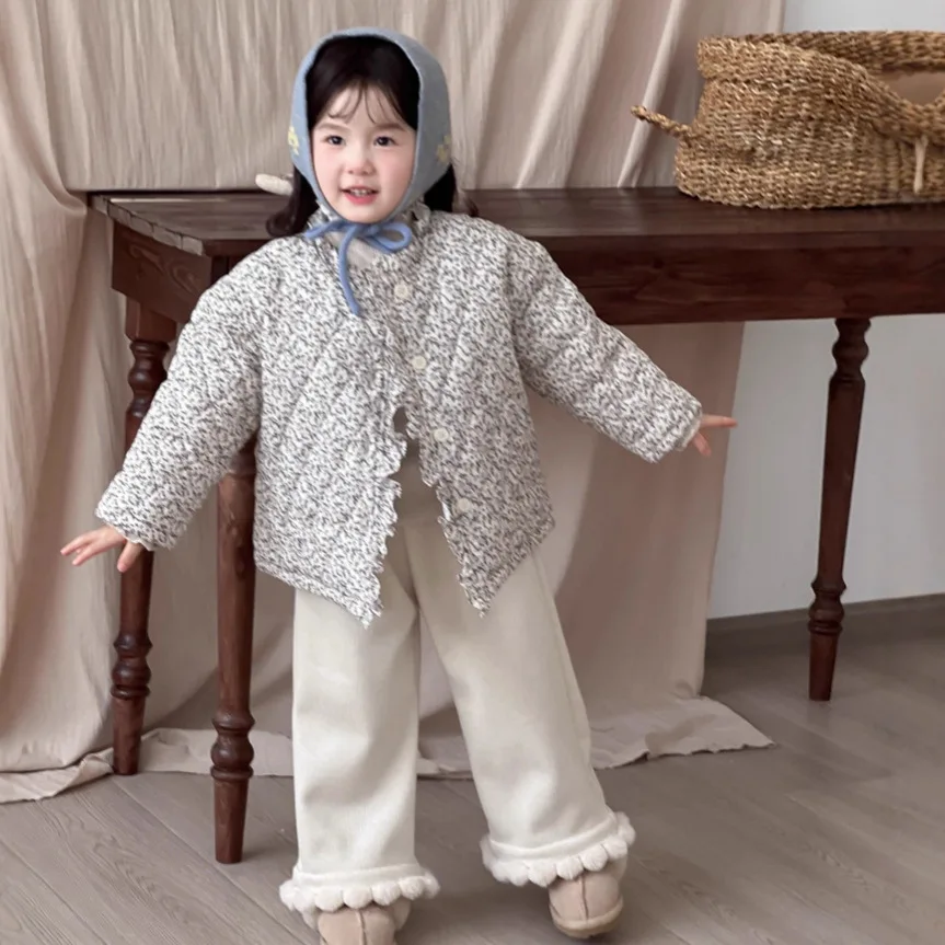 2025 New Autumn and Winter Kids Clothing Girls Sweet Floral Quilted Jackets Kids Cotton-padded Clothes Boutique Clothing