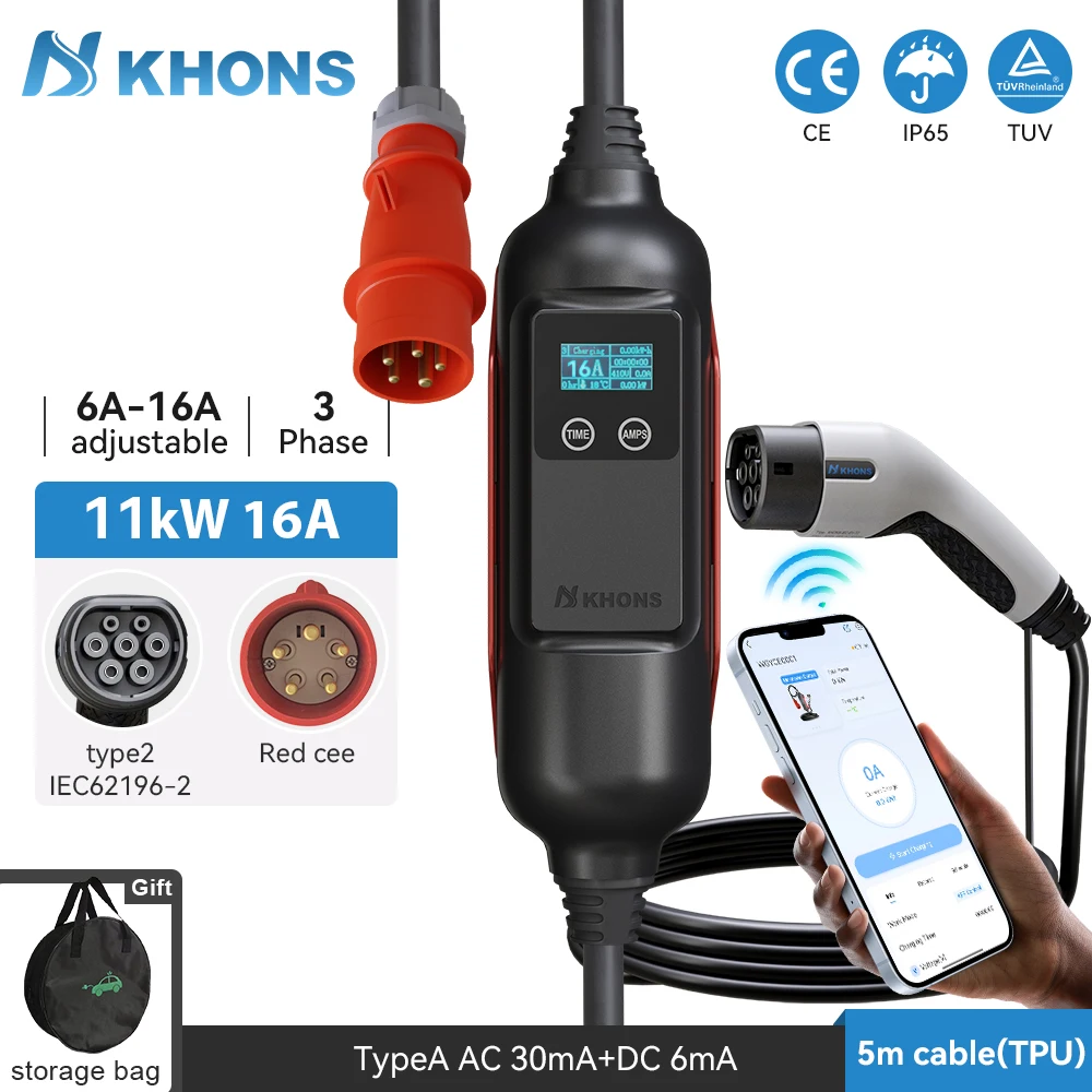Khons chargeur EV Portable 11KW Type2 EV Wallbox 16A Wi-Fi APP Version Bluetooth câble de chargement EVSE TPU 5m pour voiture électrique
