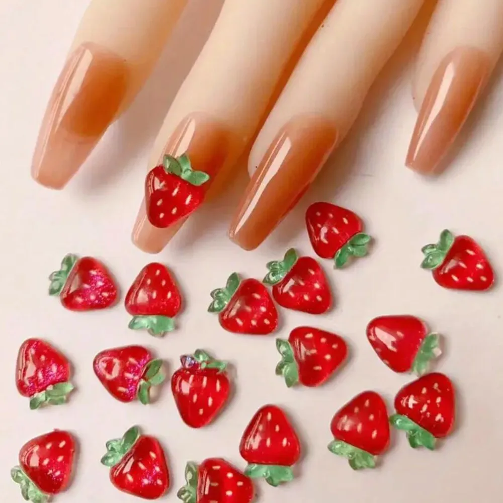 

50pcs 3D Strawberry Cute Nail Charms Cartoon Fruit Flatback Resin Rhinestone Gems Red Strawberry Designs Nail Decoration Jewelry