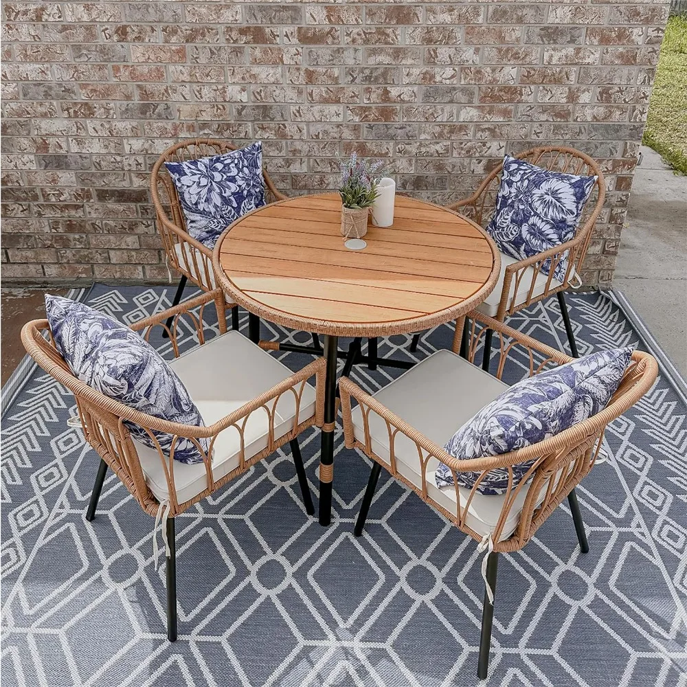 5 Pieces Patio Dining Furniture Set, Wicker Patio Dinings Sets with Umbrella Hole, Outdoor Dining Table Chair Set