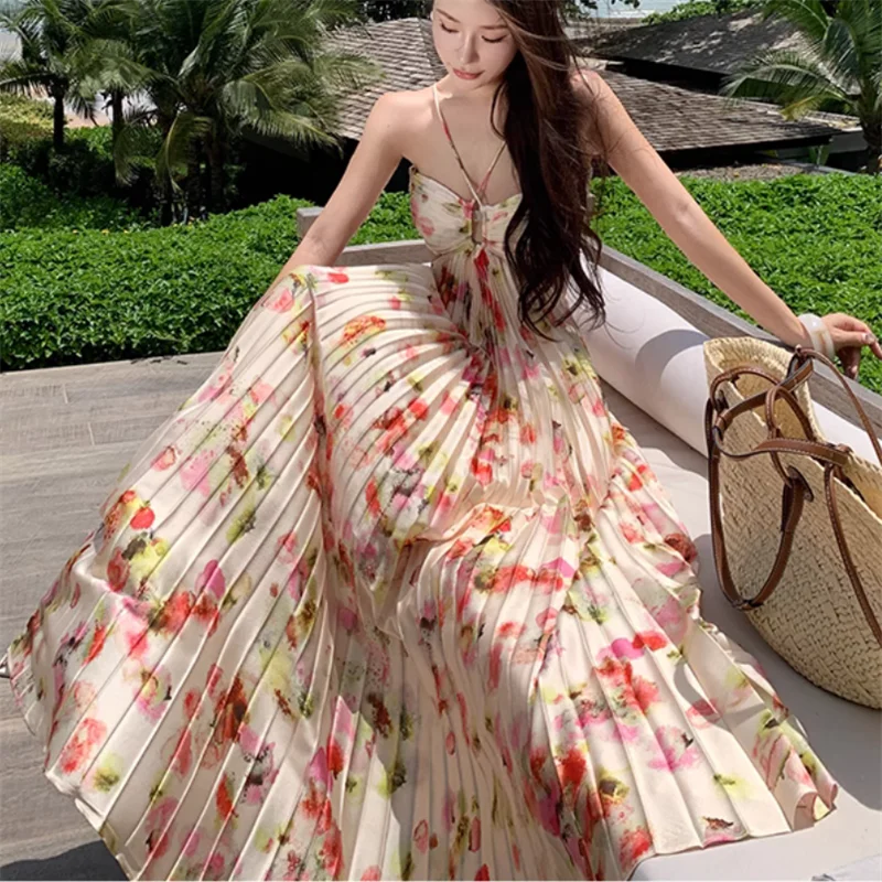 Summer Holiday Boho Floral Print Pleated Long Holiday Dress Sexy Backless Hollow Women Halter Off Shoulder Beach Fairy Dress