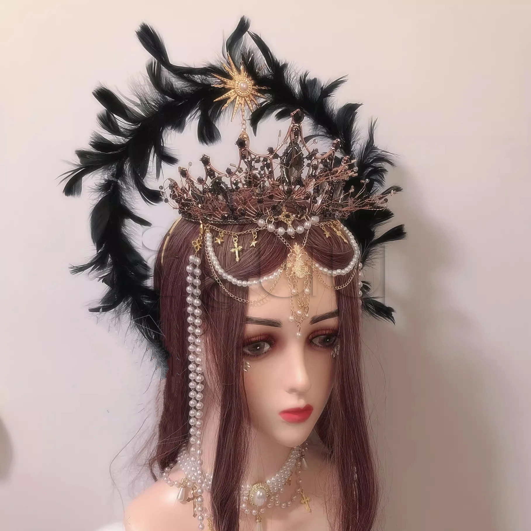 헤일로 크라운 헤드 피스 로리타 KC 고딕 블랙 엔젤 깃털 날개 헤일로 크리스탈 크라운 여신 여왕 할로윈 머리 장식 액세서리