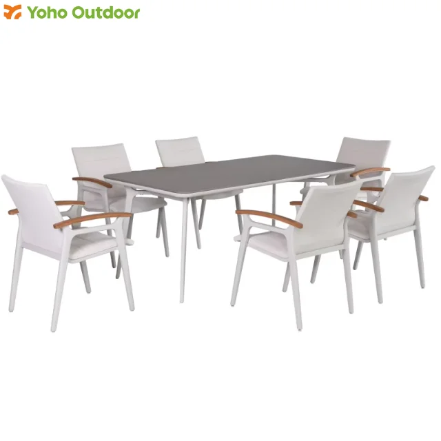 

Modern Style Multi-purpose Outdoor Patio Dining Steel Table with 6 Chairs Garden Park Courtyard Furniture Set