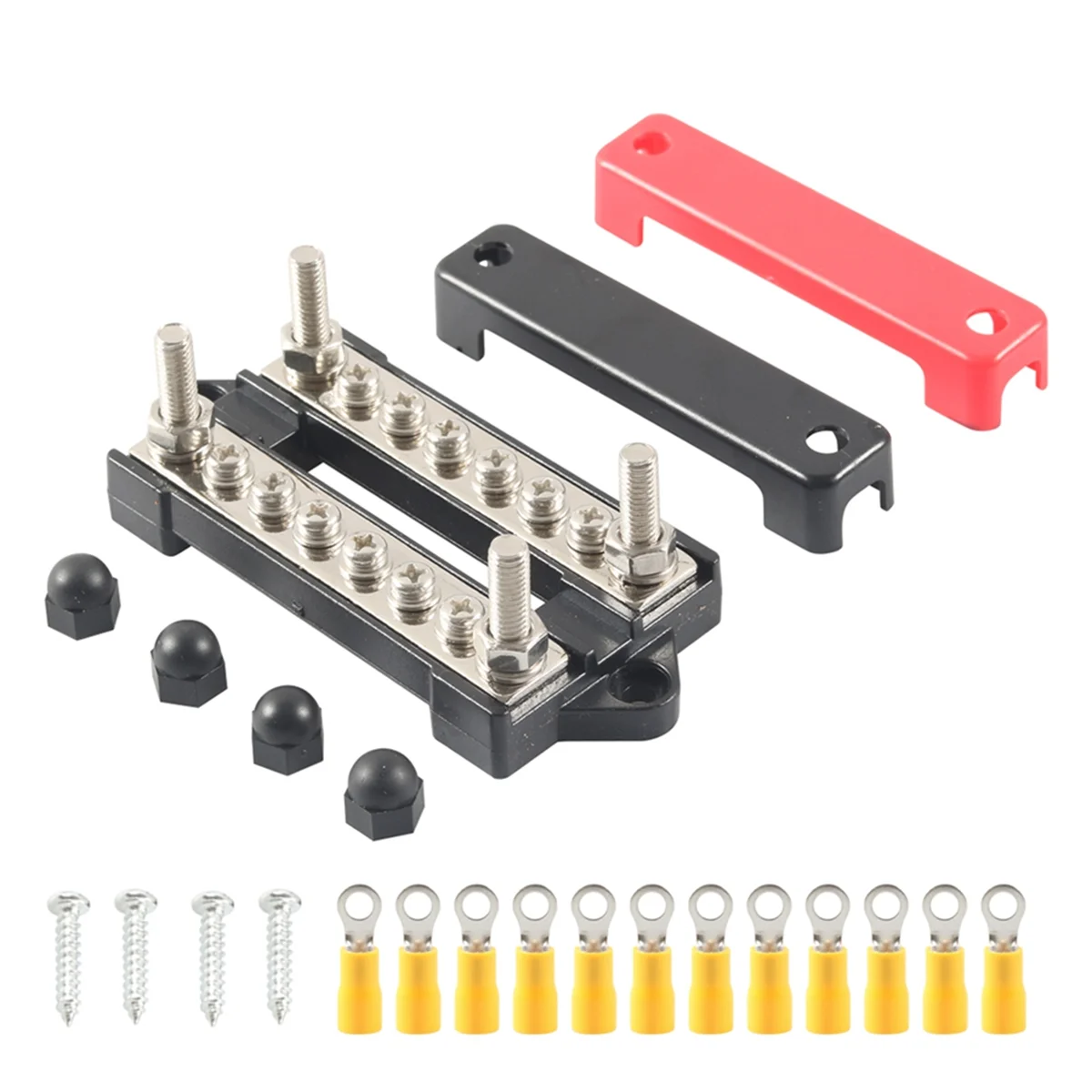 A54R-12V Ground/Power Distribution Terminal Block Battery Bus Bar Set (Max 300V AC/48V DC) Negative/Positive Insulated Busbar