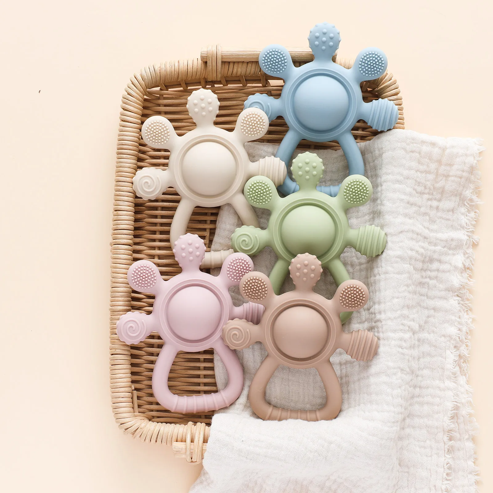Silicone Baby Teething Ring Toy, Food-Grade BPA-Free, 0-12M, Cartoon Carousel Bear, Sensory Gift for Toddlers