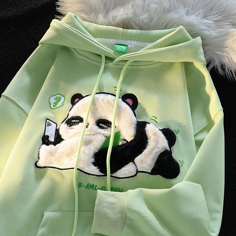 Cute and interesting cartoon stereo plush embroidered panda hooded sweater women's autumn and winter lazy wind casual coat