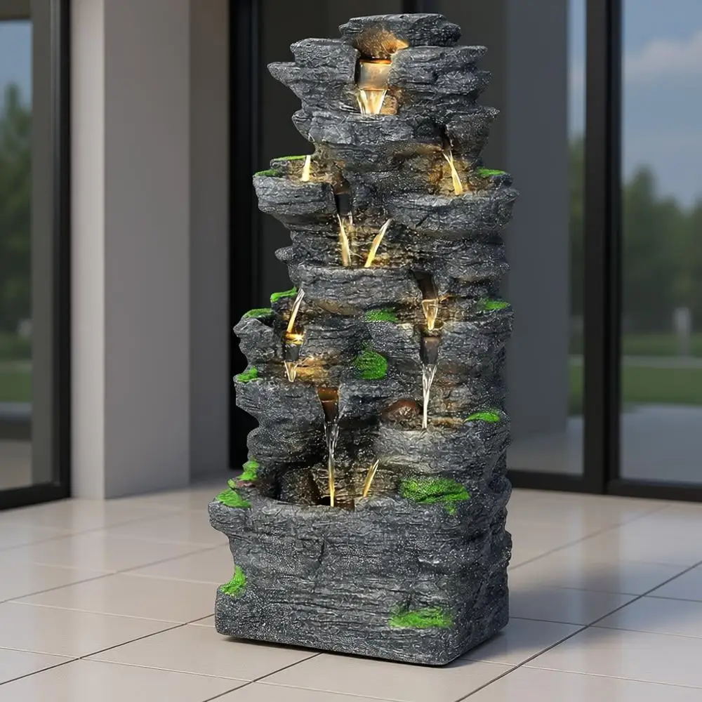 

40" H 10-Tiers Cascading Rock Water Fountain Outdoor - Waterfalls Fountains with LED Lights, Outdoor/Indoor Resin Fountain for P
