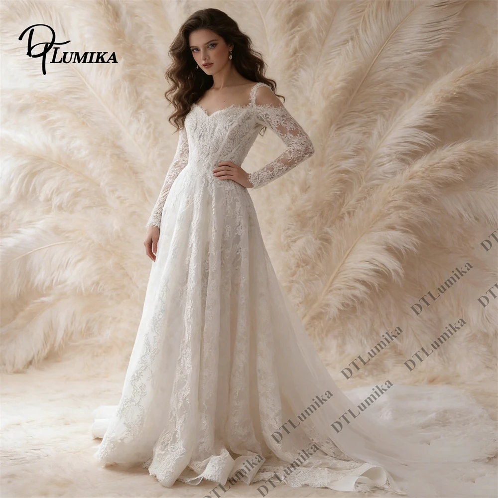 

Long Sleeve Lace Wedding Dress with Sweetheart Neckline and Chapel Train Romantic Ethereal Bridal Gown Customized
