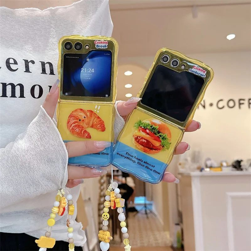 Cute Hamburger Phone Case For Samsung Galaxy Z Flip 6 5 4 3 Cover with Chain Strap Silicone Cartoon Cases For Z Flip5 Flip6 5G