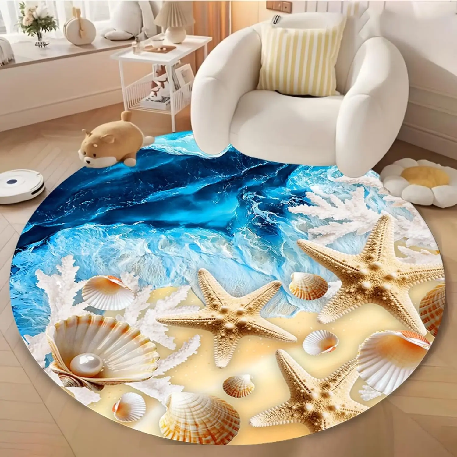 Ocean Style Circular Rug 3D Sea Shell Starfish Print Round Carpet for Bedroom Living Room Coastal Decor Non-Slip Floor Mat