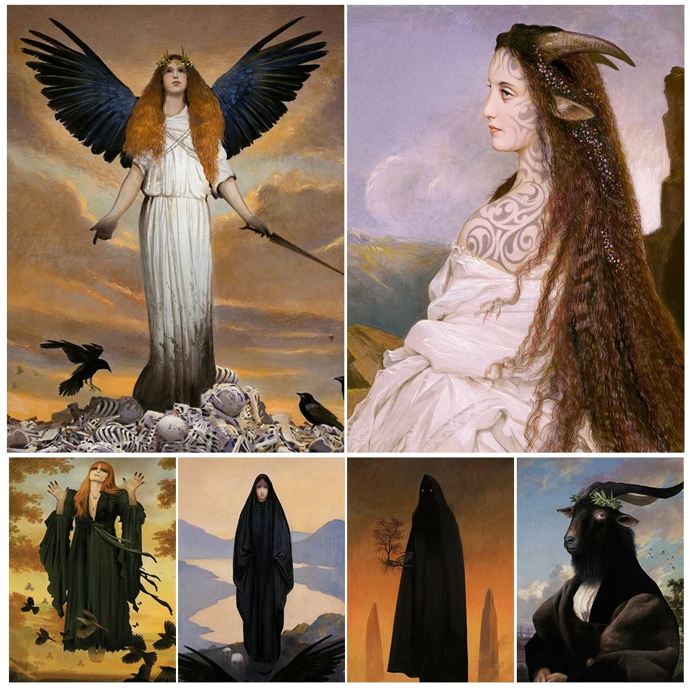 

Demon Goat Head Countess And Little Devil Vintage Wall Art Canvas Print Four-Winged Elf Witch And Snakes Art Poster Print Decor