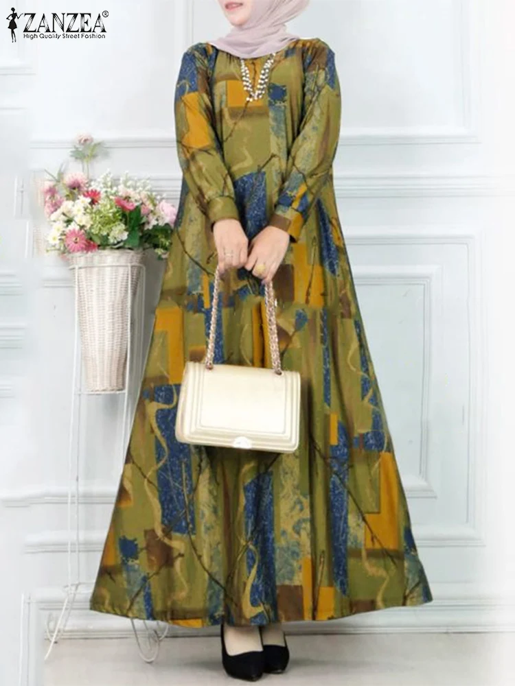 

Vintage Muslim Maxi Dress Robe Femme Long Sleeve Printed Vestidos Turkey Abaya Islamic Clothing ZANZEA Women Bohemian Sundress