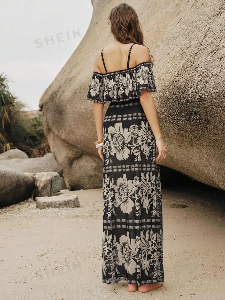 

Floral Print Off-Shoulder Ruffle Maxi Cover-Up Dress Paired With High-Waist One-Piece Swimsuit Set For Summer Beach