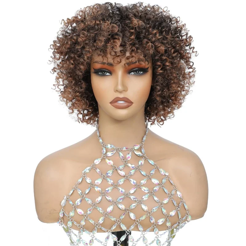 

Brown Highlight Kinky Curly Short Wig with Bangs, Glueless Ready-to-Wear Synthetic Wig for Beginners