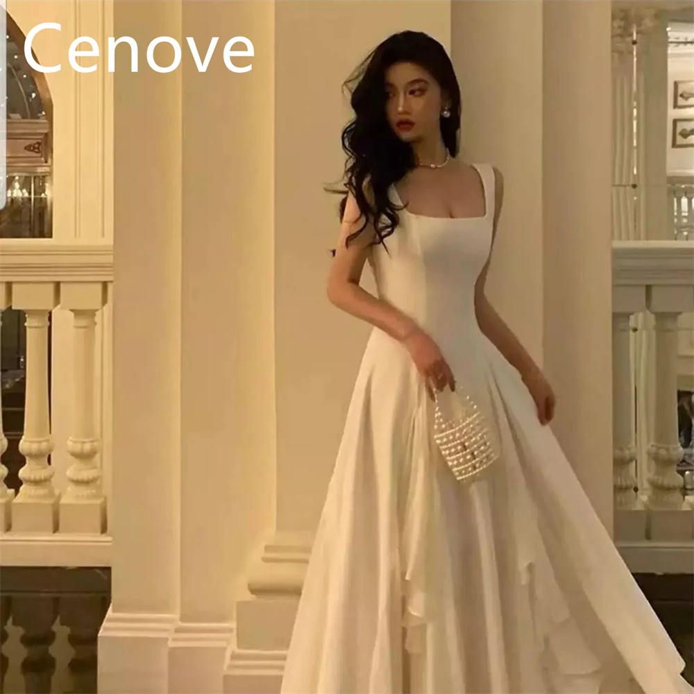 Cenove White A-Line Square Neckline Prom Dress Short Sleeves With Ankle-length Evening Summer Elegant Party Dress For Women 2023