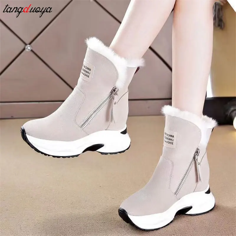 Wedge Shoes Leather Snow Boots Woman Winter keep Warm Ankle Boots Women\'s Fashion Side Zipper Outdoor Sneakers Botas Mujer 2024