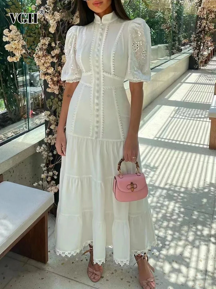 

VGH Casual Solid Dress For Women Stand Collar Short Puff Sleeve High Waist Patchwork Lace Long Dresses Female Fashion Clothing
