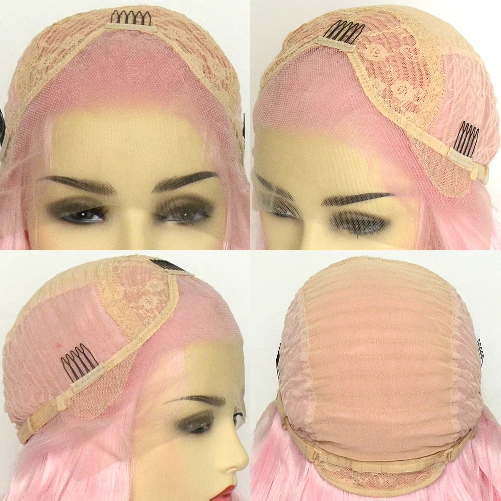 Voguequeen-peluca sintética rizada de fibra resistente al calor para mujer, postizo con malla frontal, color rosa claro