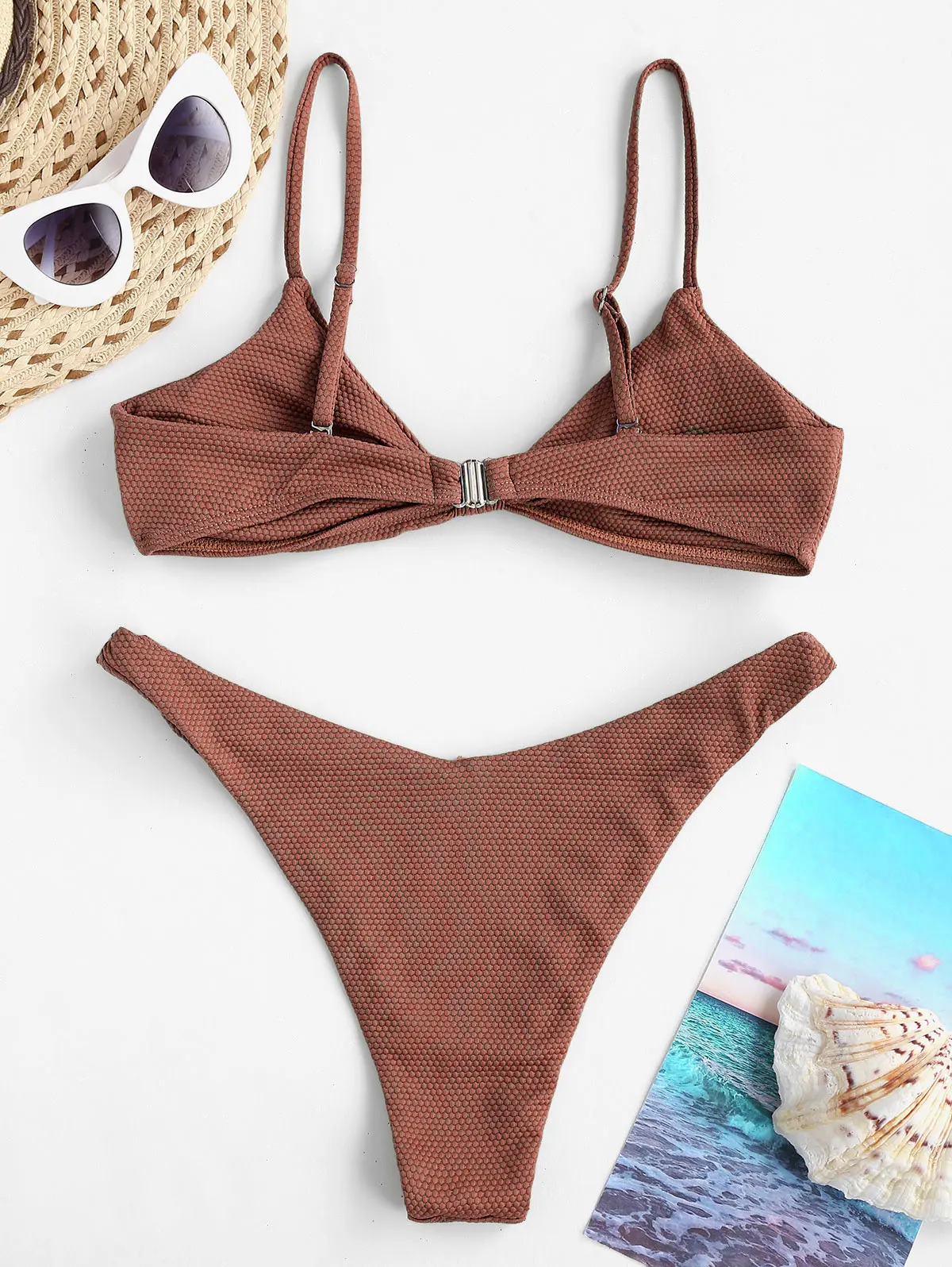 Zaful 2024 New Beachwear Summer Pool Party Vacation Solid Knotted Textured Cheeky Bikini Cami Two-Piece Suits