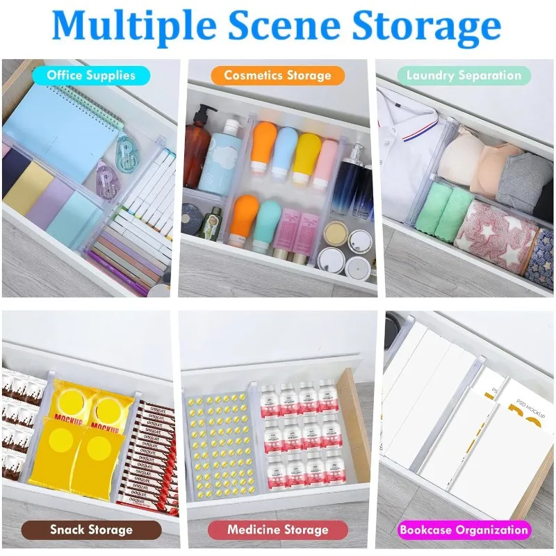 ABKS-Adjustable Plastic Drawer Divider 6 Pack-Transparent Gear Partition For Organizing Underwear, Socks Storage Units