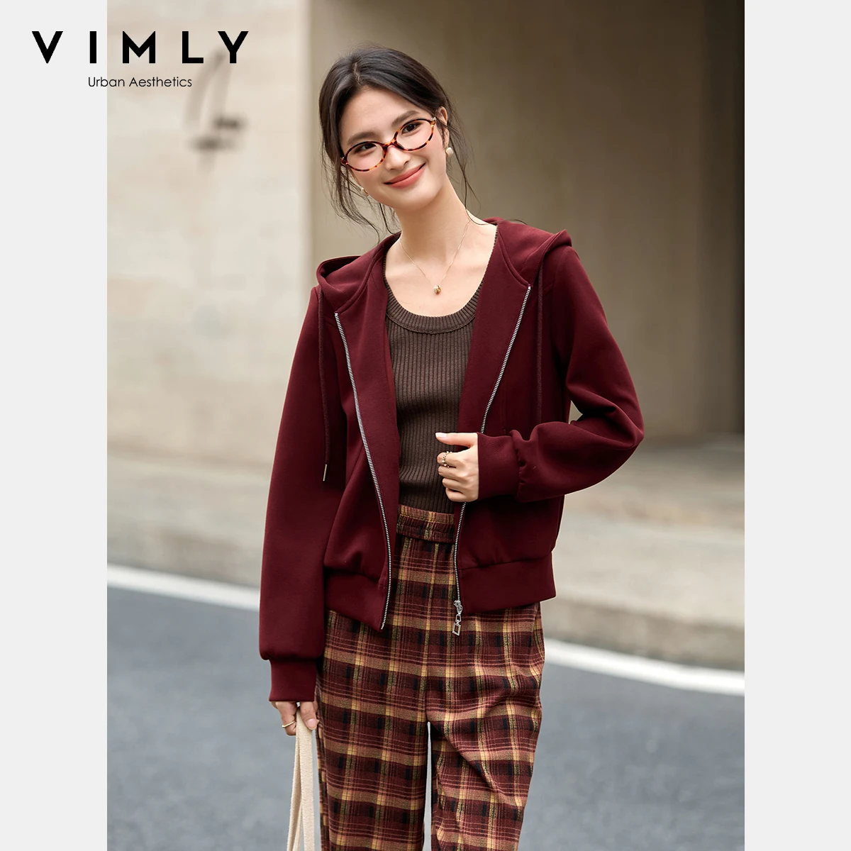 

VIMLY 2 Piece Pant Sets for Women Autumn 2025 Casual Knit Hooded Zip Up Jacket Plaid Straight Trouser Elegant Female Sets A2799
