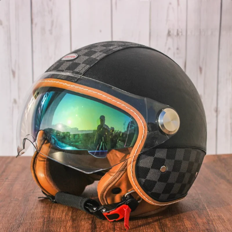 

Personalized Black Grid Leather Open Face Helmet 3/4 Double Visor Option Dual Pane Anti-Scratch Visors Breathable Padding