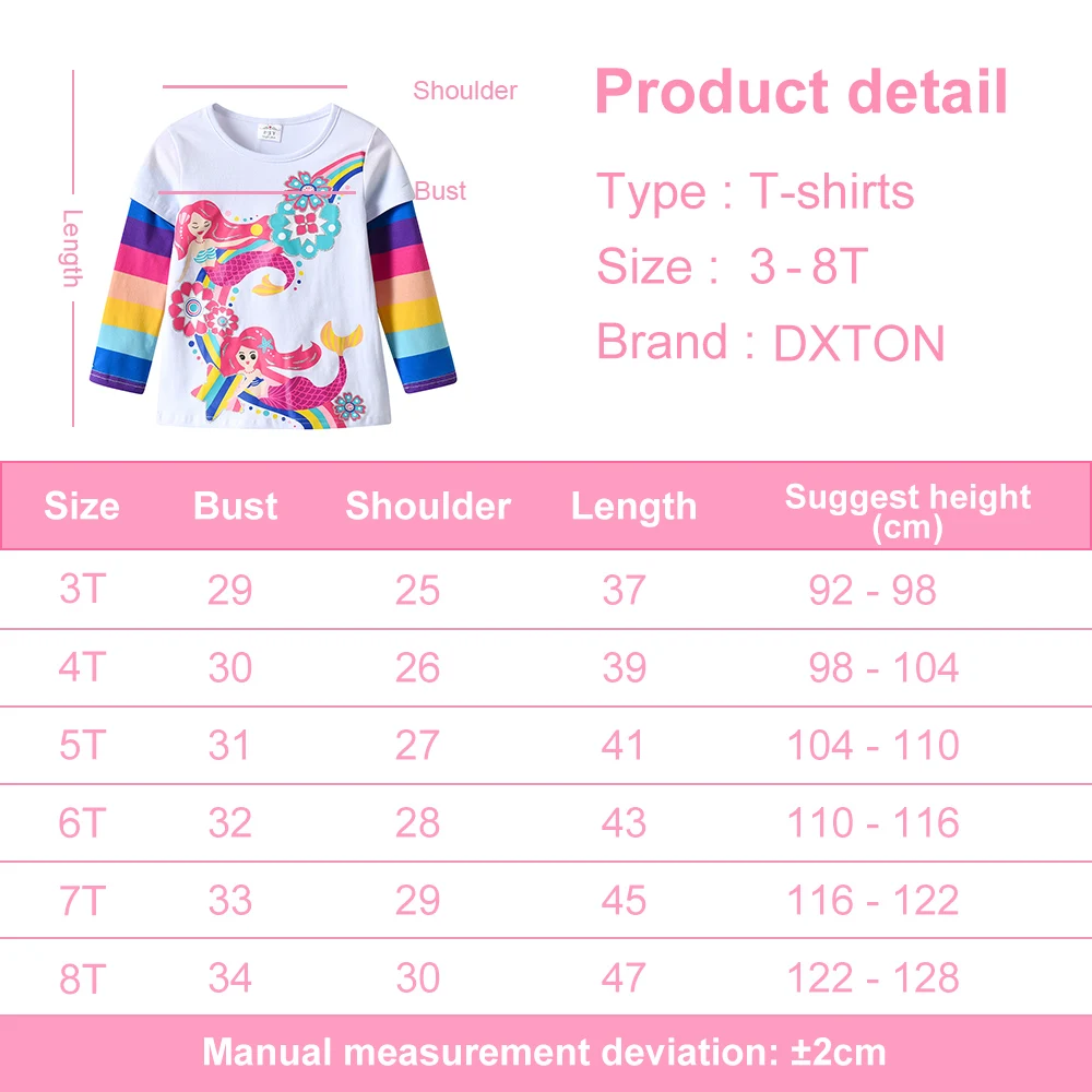 DXTON Girls Rainbow Sleeve T-shirts Spring Mermaid Printed Children Girls Tops Floral Toddlers Cotton Tees Cartoon Kids Outfits