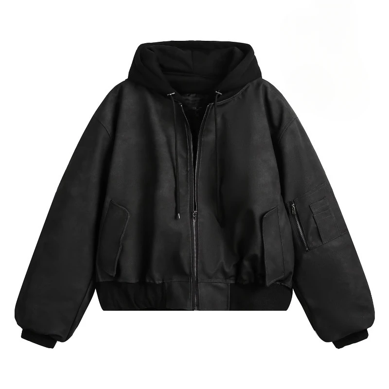 Thicken Motorcycle Hooded Leather Jacket Mens Winter Fake Two Pieces Fashion Hip Hop Warm Parkas Pilot Bomber Cotton Coats