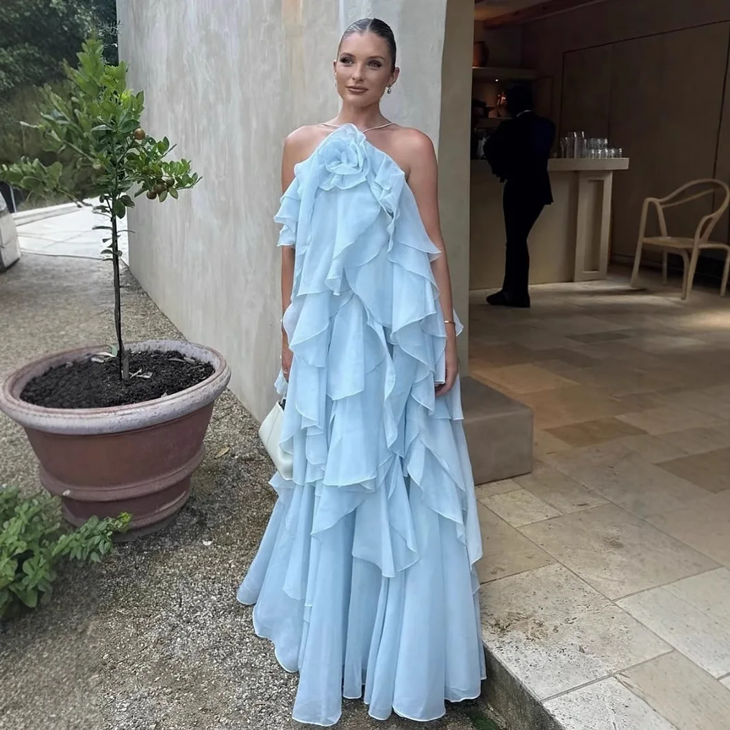 Fashion Sexy Spliced Ruffles Dress For Women High Street Trend Halter Backless Sleeveless Elegant Long Dresses Female Clothing