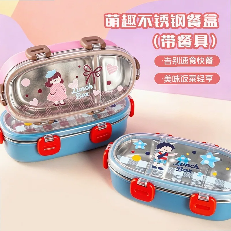 304 Stainless Steel Bento Box with Cutlery & Lid, Divided Lunch Box No Mixing Odors, Kids School Meal Container Office staff