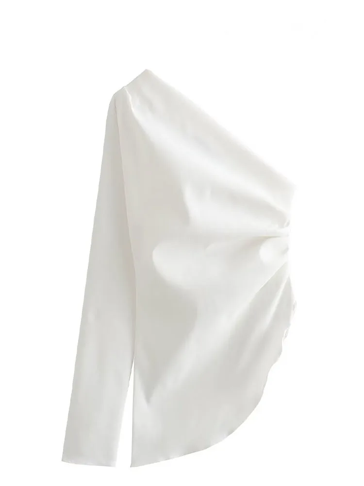 HH أزياء الخريف النسائية الصلبة 5 ألوان طيات غير متناظرة واحدة الكتف القمم الإناث تصميم غير رسمي الشعور مطوي الديكور