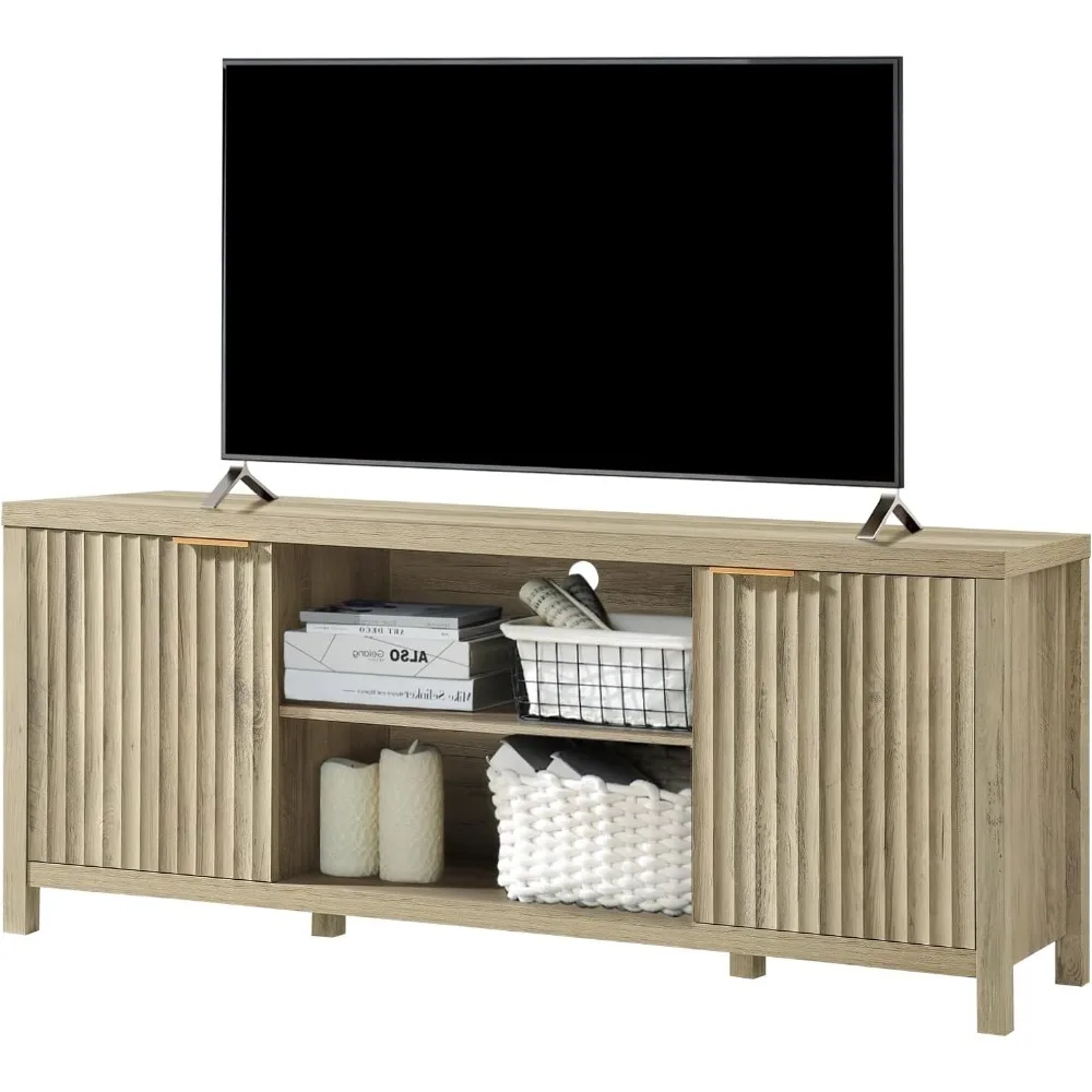 Fluted TV Stands for Living Room, Heavy Duty Entertainment Center with Storage, Mid Century Modern Television Stands for 50/55/6