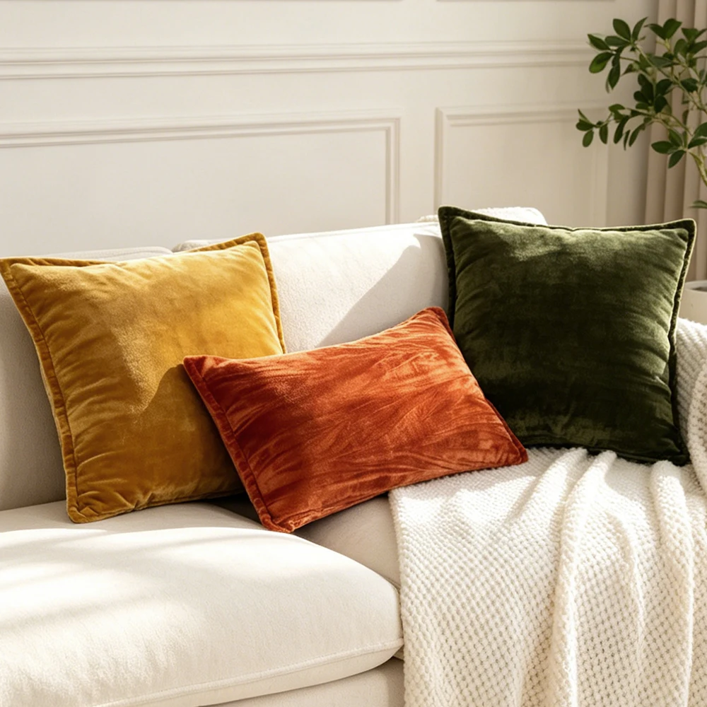 BUYNOW 1PC Living Room Sofa Cushion Covers Velvet Throw Pillow Decor Ruffle Trim Home Sofa Bed Pillows Trendy Throw Cushion