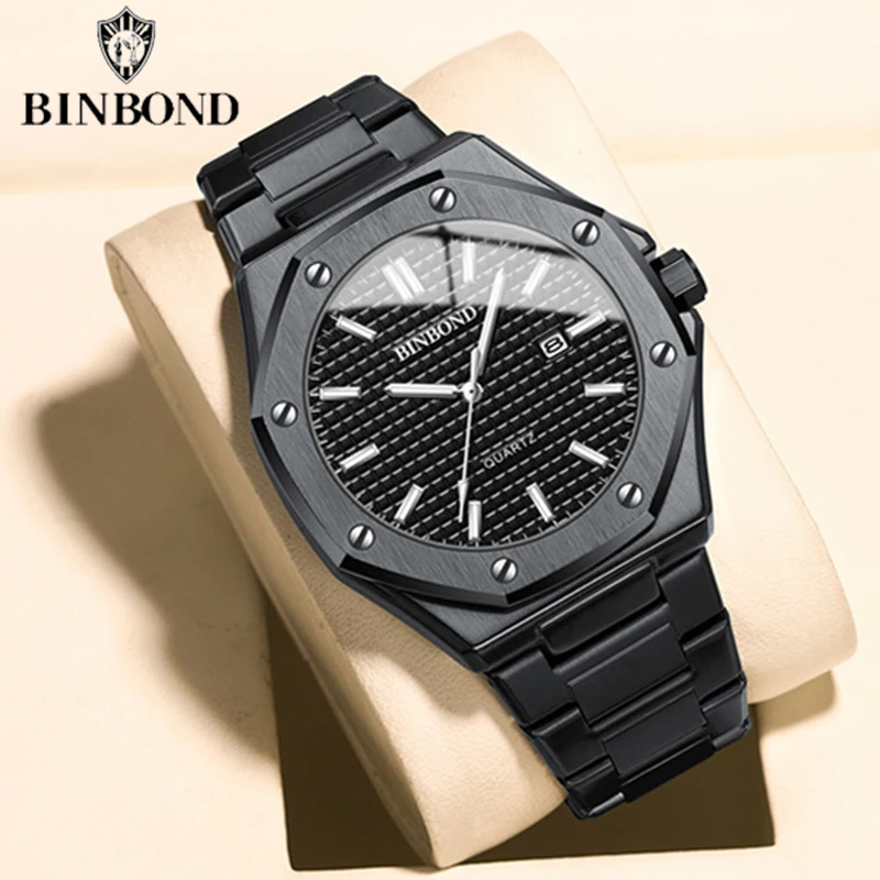 BINBOND Men\'s Watch Top Brand Royal Casual Men Big Dial Stainless Steel Calendar Quartz Wristwatch Classic Luminous Waterproof