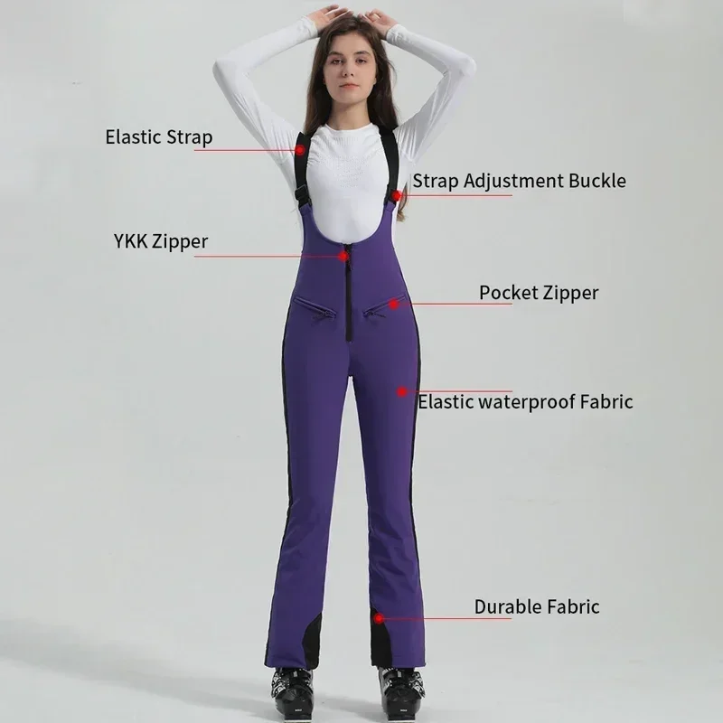 Ski One Piece Strap Pants New Women Outdoor Waterproof Elasticity Skiing Snow Pants Winter Warm Breathable Snowboard Trousers