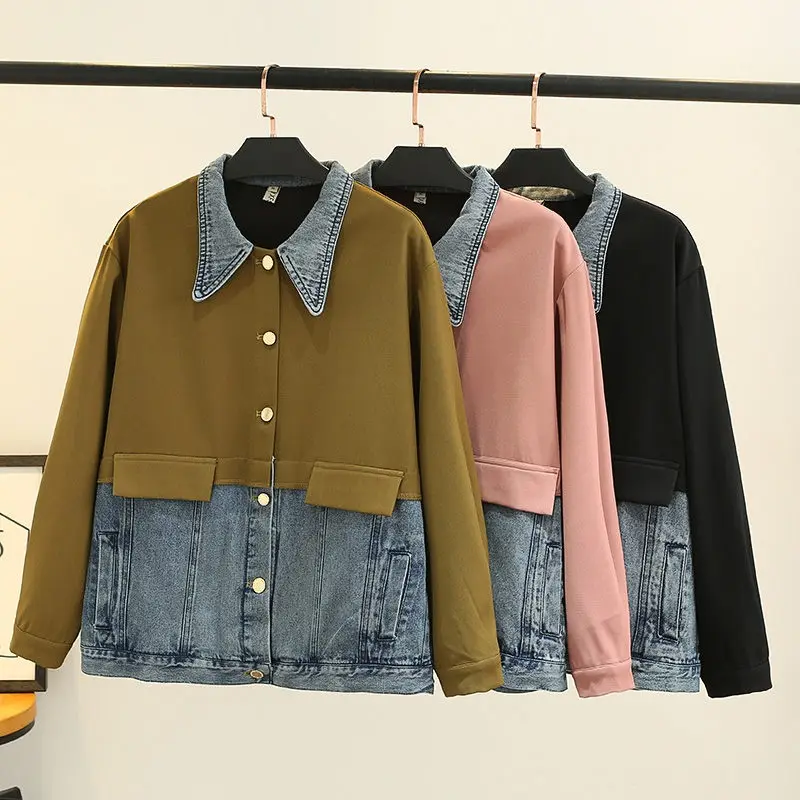 

Outerwear Women's Large Size 2023 Spring And Autumn Fashion Denim Splice Casual Jacket Top Single Breasted Mujer Chaqueta Z316