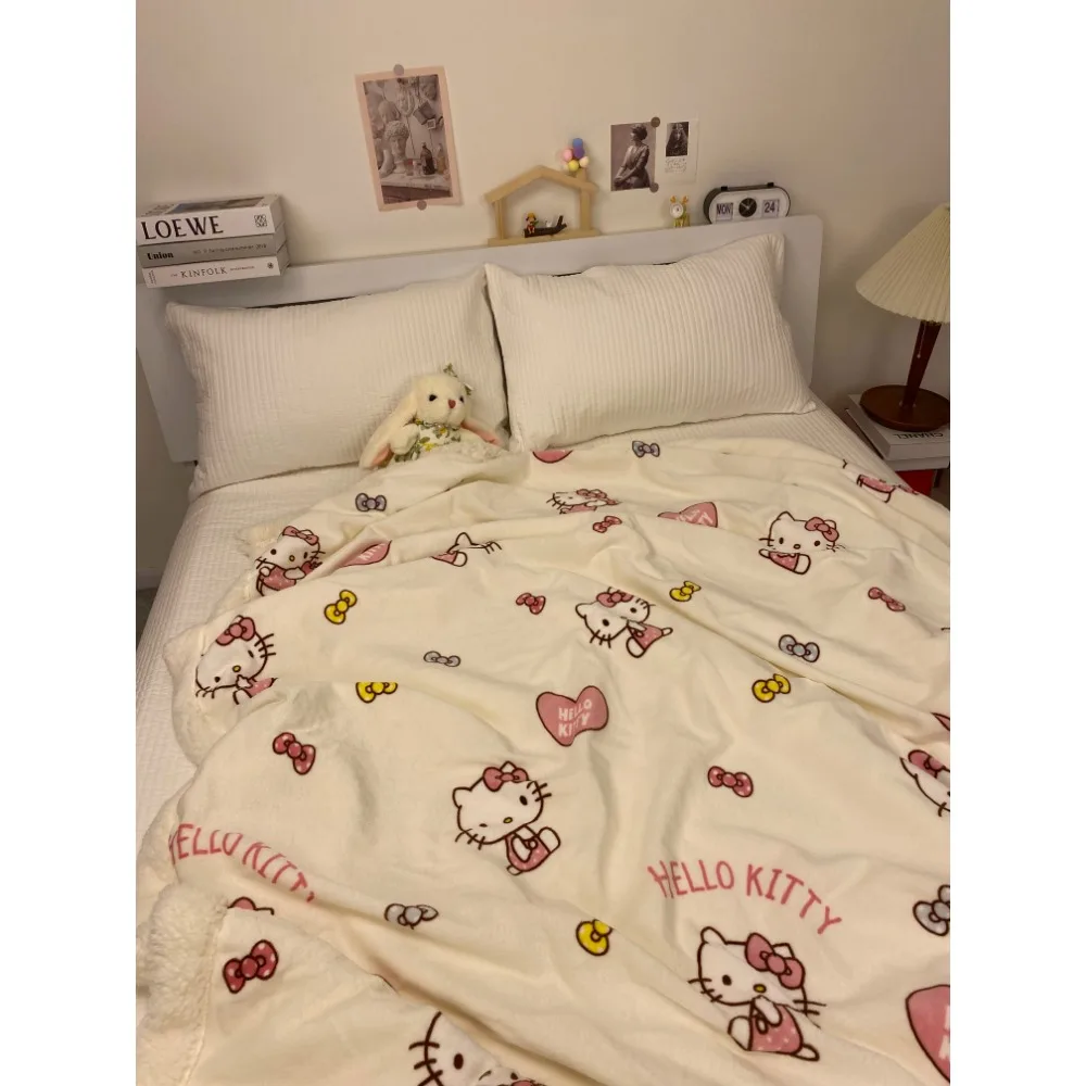 Winter Genuine Cute Hello Kitty Cat Lamb Plush Blanket Thickened Milk Coral Plush Blanket Sofa Cover Blanket Warm Gift in Winter