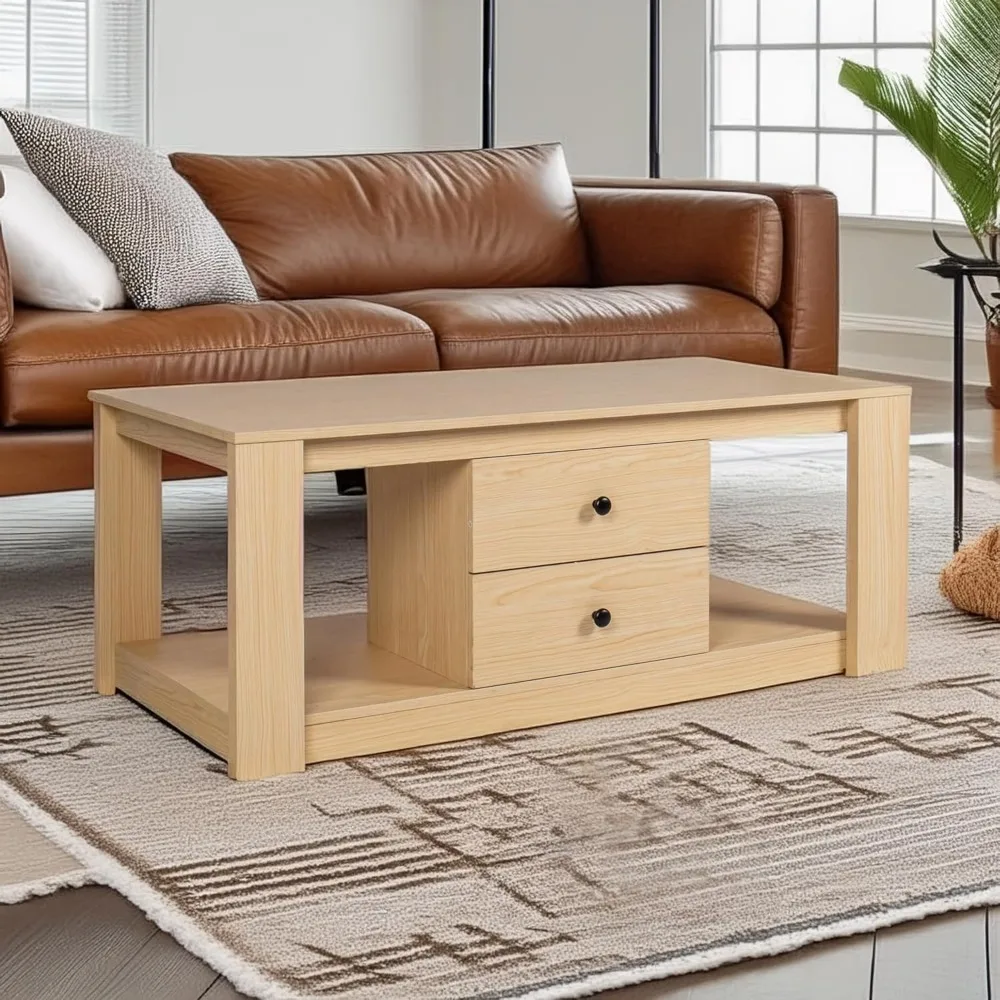 Coffee Table,Modern Wooden Rectangle Coffee Tables with Storage,2 Drawer Center Table for Living Room,Natural Oak