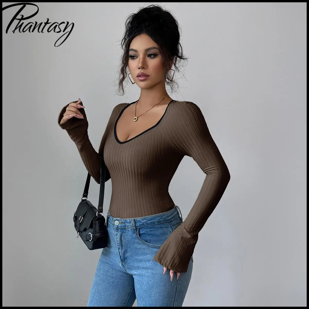 Primavera outono básico versátil pescoço quadrado manga longa camada de base feminina topo casual minimalista fino-ajuste camiseta pulôver de malha