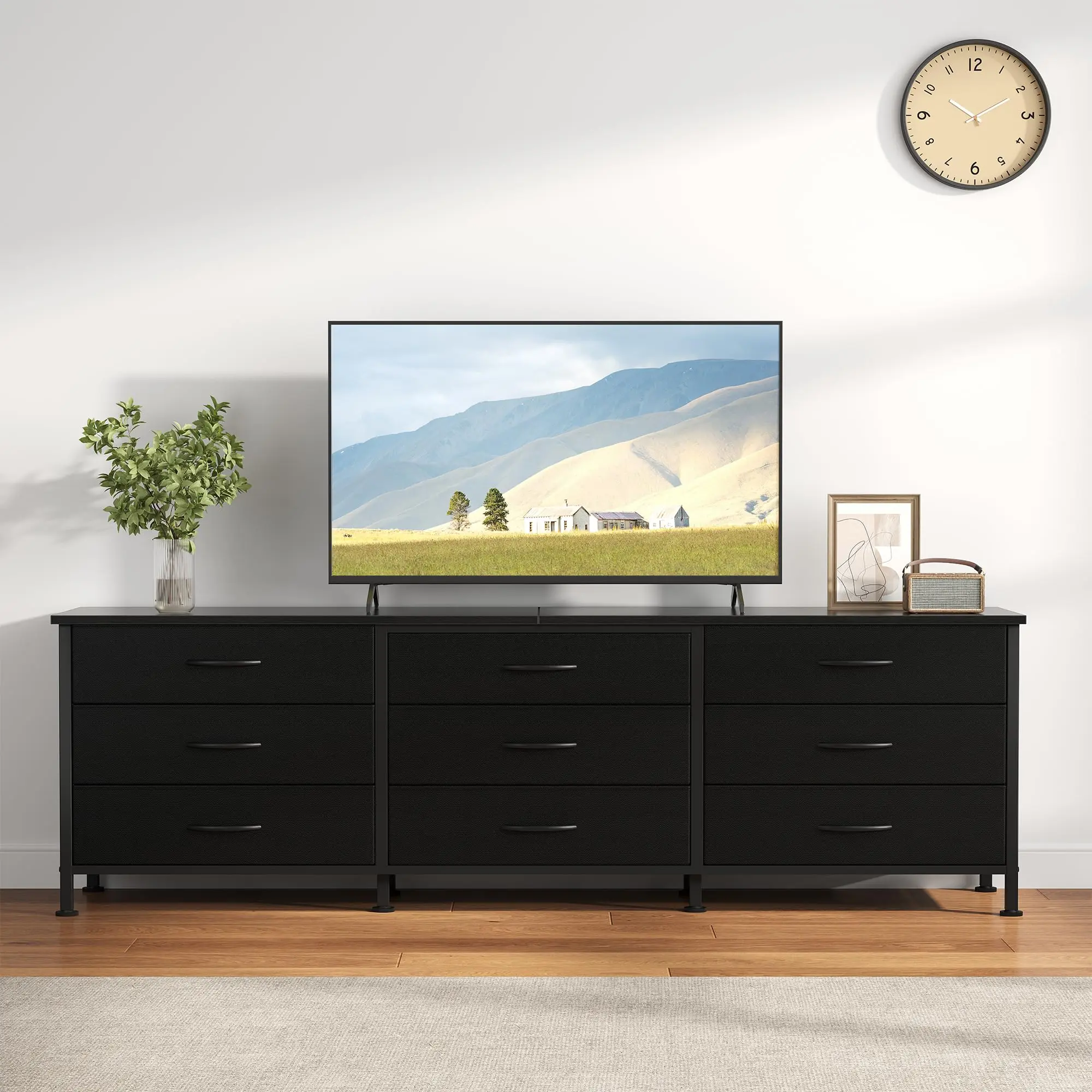 Cabinet For Living Room With 9 Fabric Drawers Long Entertainment Center Up to 75 Inch TV Storage Display Of Furniture