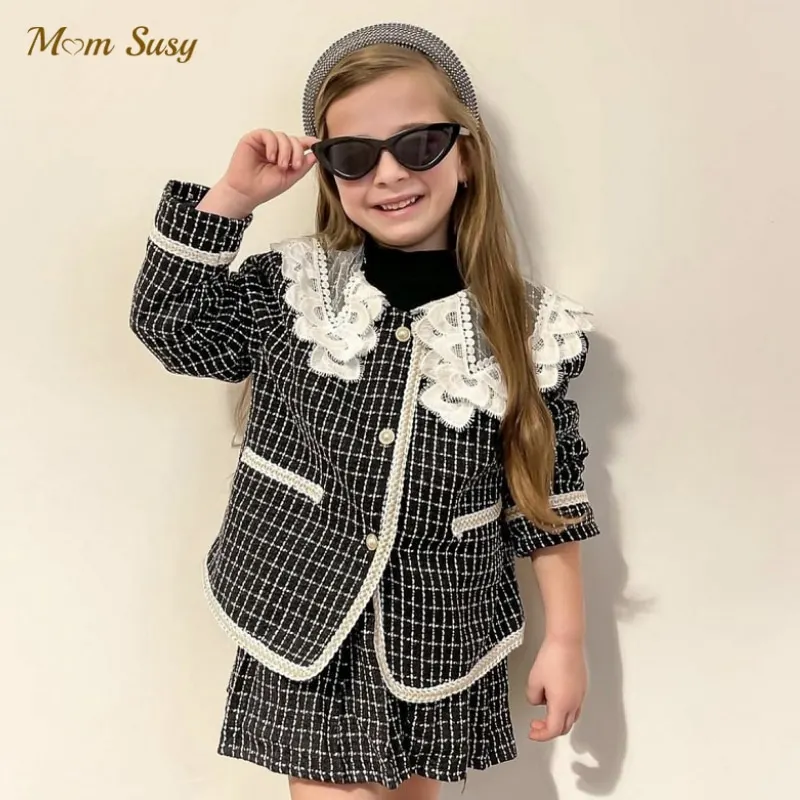 

Baby Girl Elegant Plaid Clothes Set Lace Jacket+Skirt 2PCS Spring Autumn Infant Toddler Vintage Outfit Party Baby Clothes 1-10Y