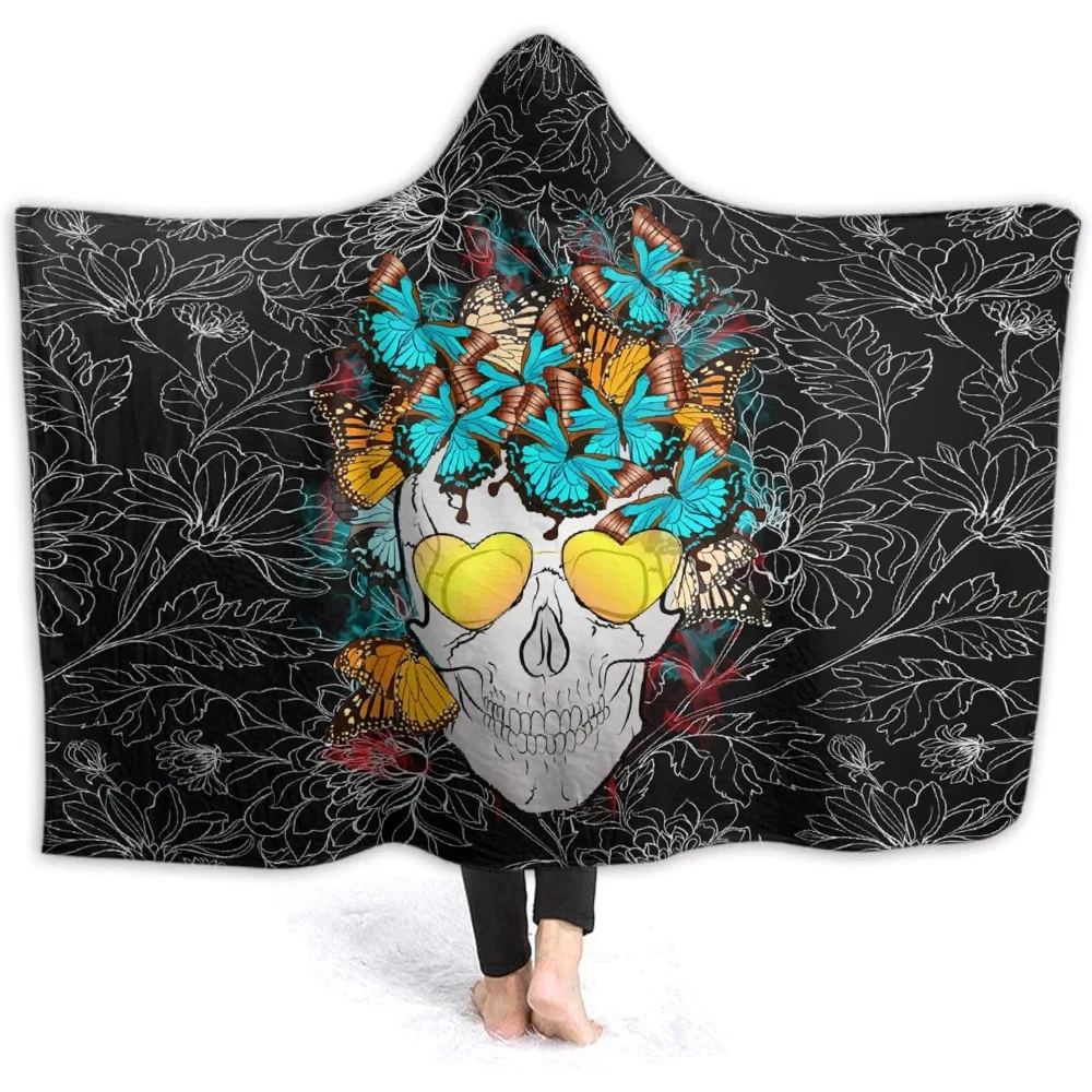 Skull and Butterfly Hooded Blanket, Good Gift Choice, Lightweight Flannel Soft and Cozy Suitable for Sofa, Living Room