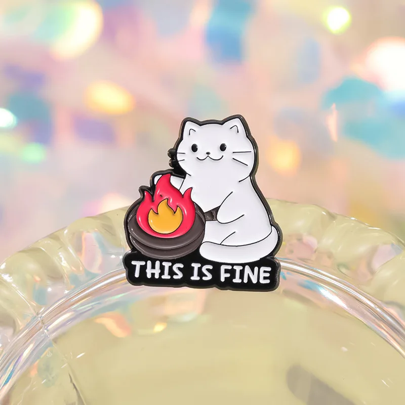 Cute Animal Series Enamel Brooch White fat kitten wearing sunglasses and drinking cute brooch Lapel Accessories Metal Badge Gift