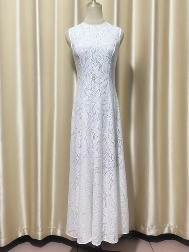 Women Long Lace Dress 2025 Cute Hollow Out Sleeveless Slim Tank White A Line Dress