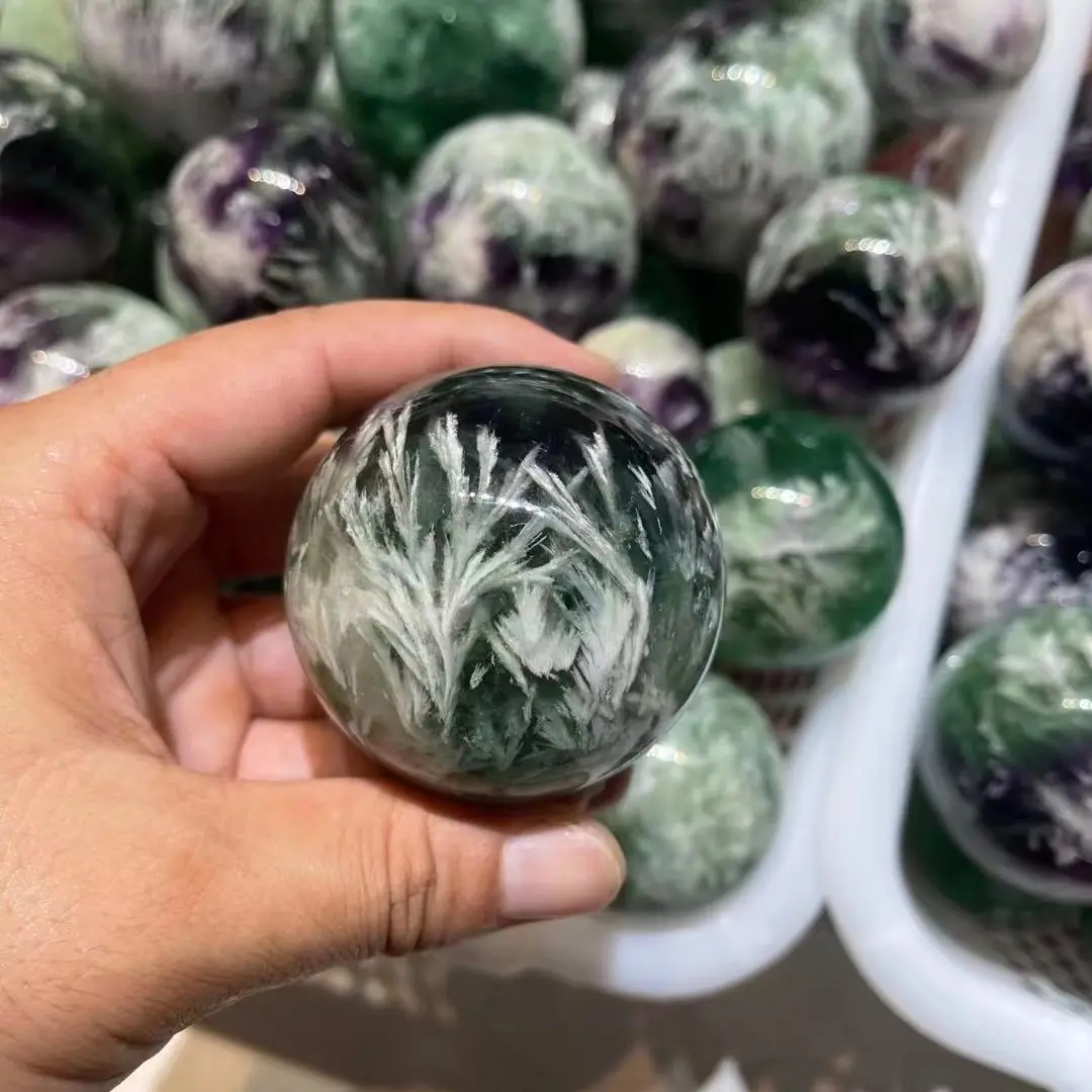 Natural Crystal Feather Fluorite Quartz Ball Sphere Snowflake Image Decorative Power Green Fluorite Stones Minerals Home Ornamen