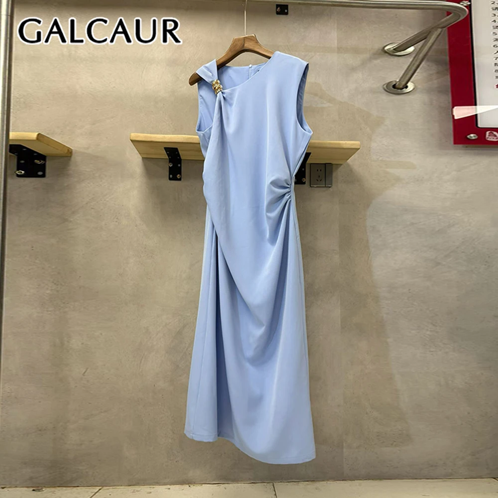 GALCAUR الصلبة تقسم طيات فستان أنيق الإناث س الرقبة أكمام التخسيس حزب مزاجه فساتين حريمي الصيف موضة جديدة